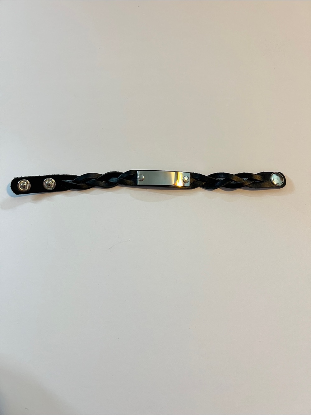 Brown Leather Braided Snap Bracelet With A Silver Plate (It Can Be Engraved)